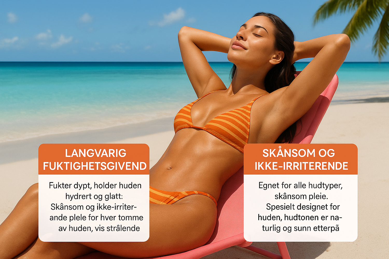 Image promotionnelle avec femme bronzée sur la plage et texte en norvégien